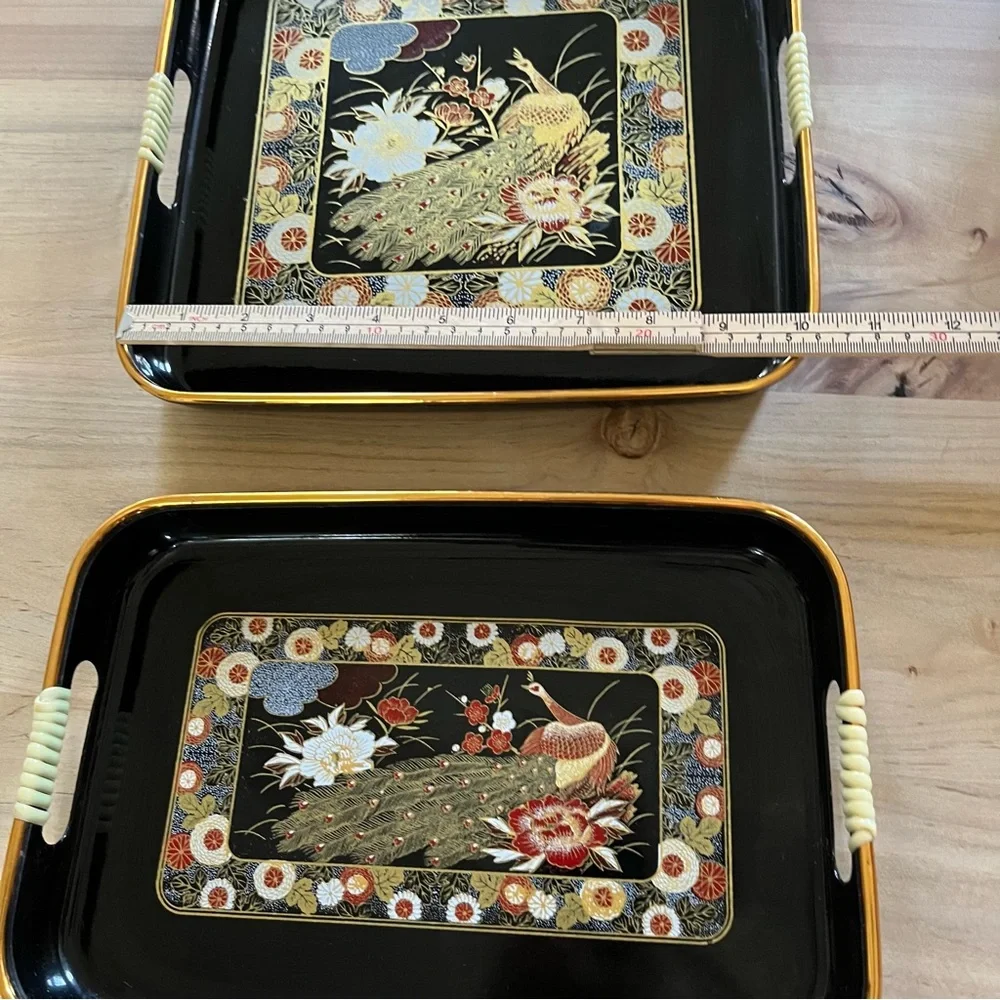 Vintage Japan lacquerware black gold peacock floral serving trays, set of two